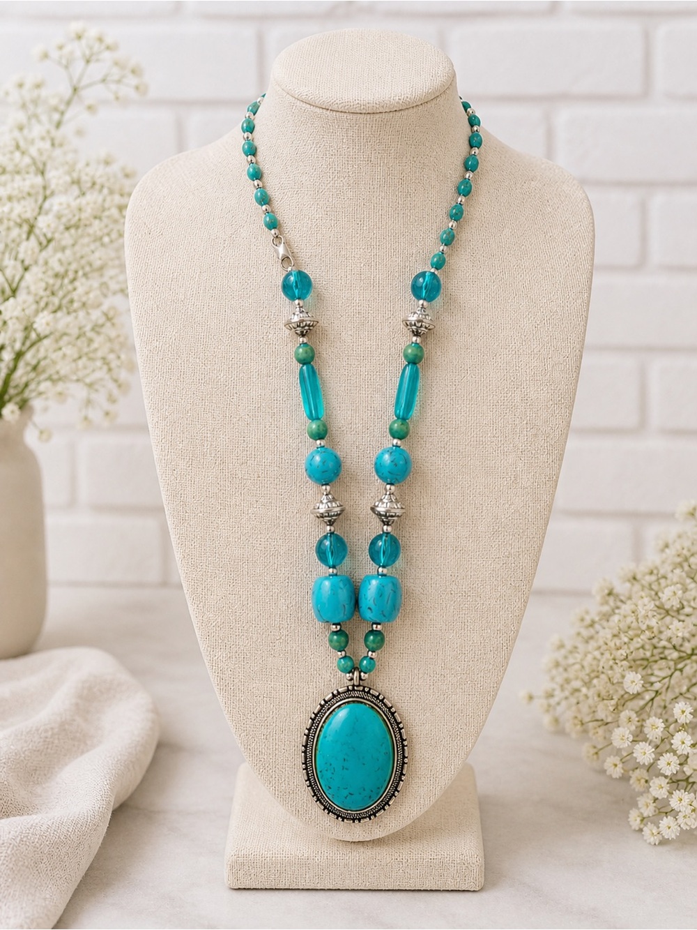Turquoise Statement Necklace Large Pendant Boho Festival - Picture 1 of 4